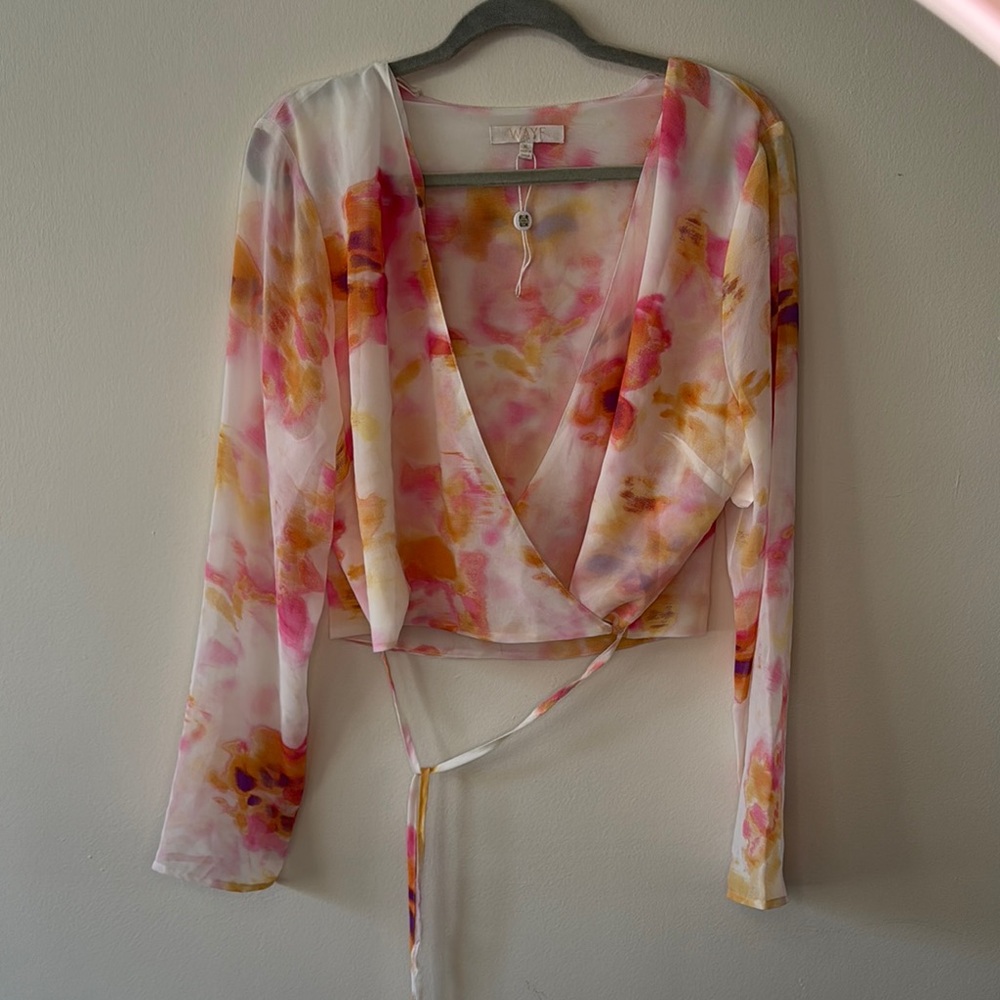 WAYF Jess Wrap Crop Top in Ivory Tye Dye NWT